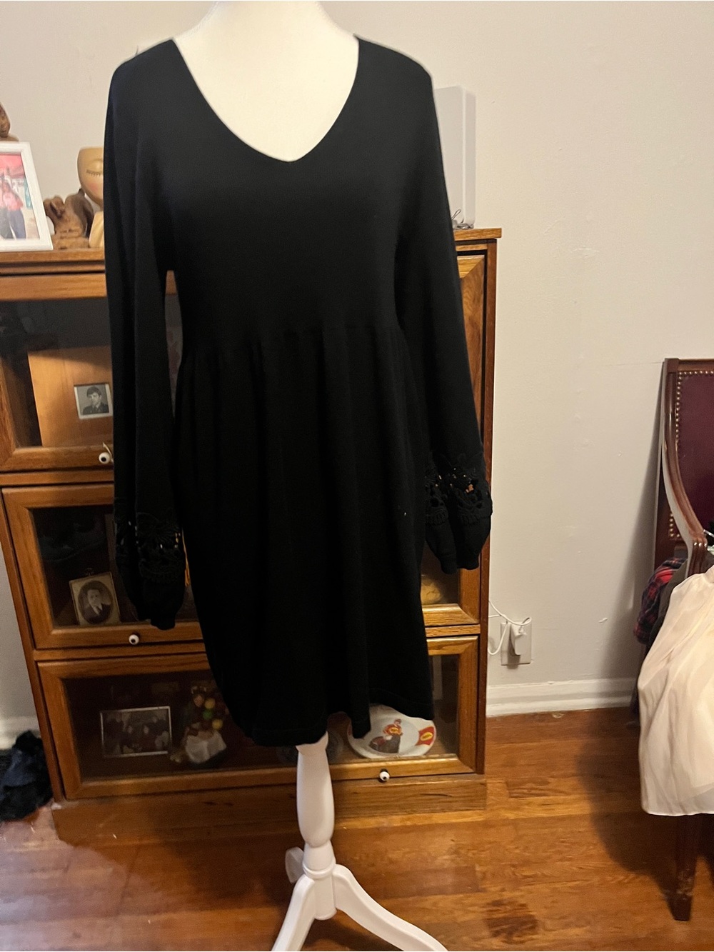 Alfani Black Sweater Dress Lace Cuff Long Sleeve Medium - Picture 13 of 14